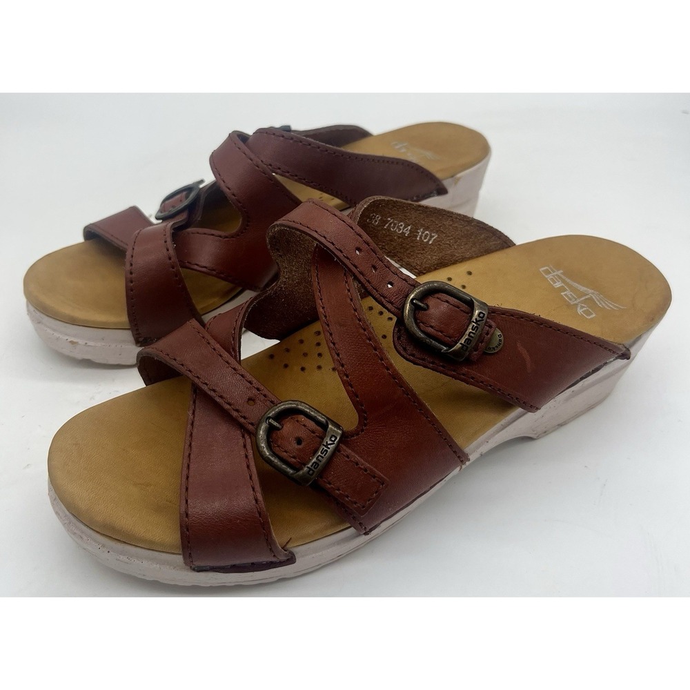 Dansko Women's Size Eu 38 Brown Leather Strappy Buckle Open Toe Clog Sandal